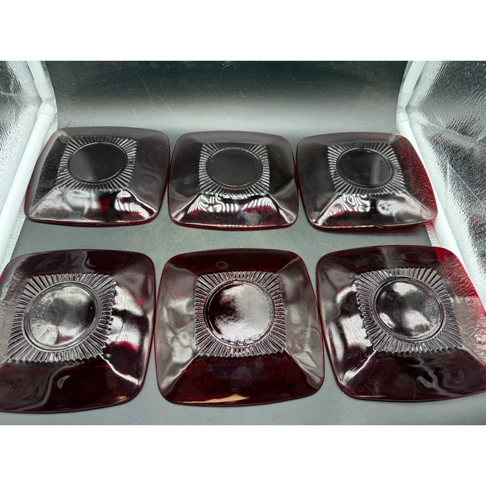 Vintage Anchor Hocking Royal Ruby Red Glass Tea Cups & Square Saucers Set of 10